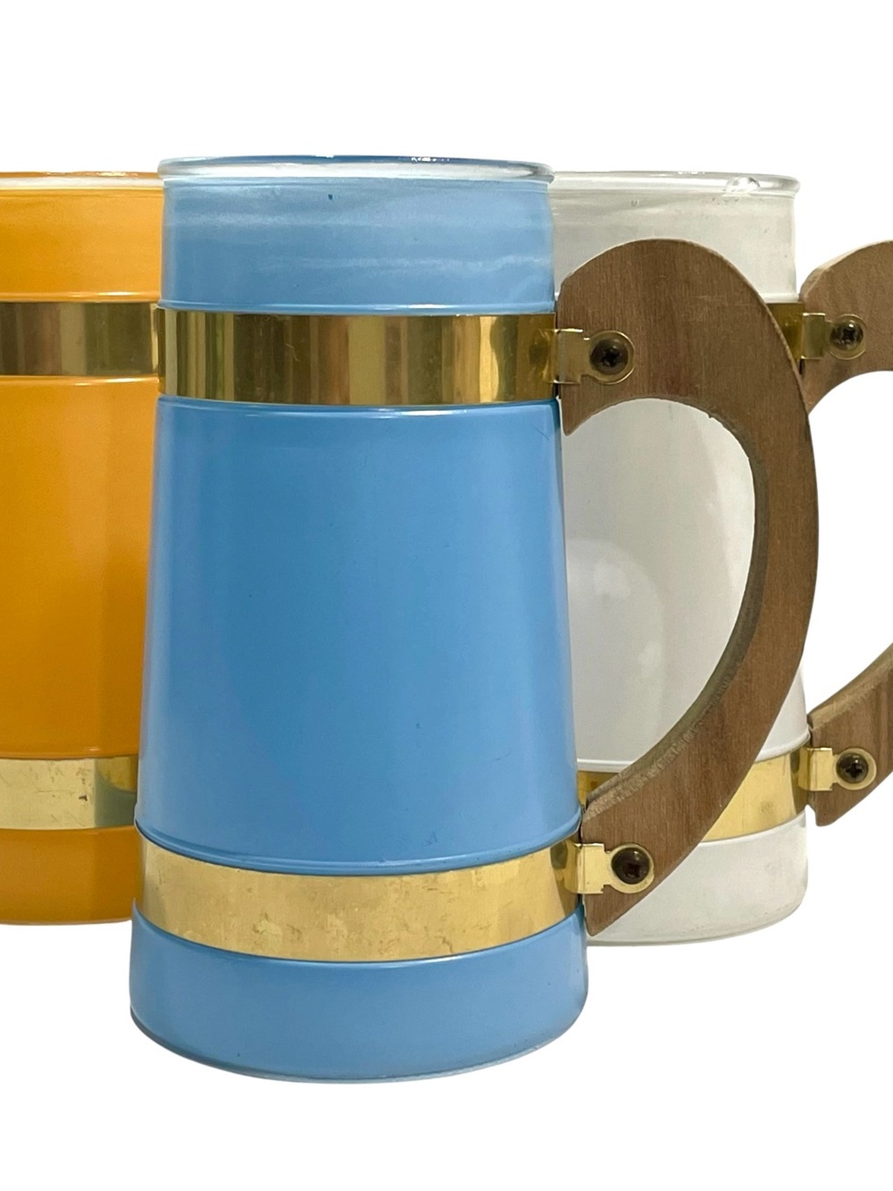 Vintage 1960s Siesta Ware Frosted Glass Beer Mugs Set with Wooden Handles (3)